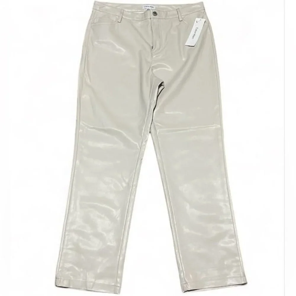 Calvin Klein Pant Women’s 10 Beige Faux Leather Straight Leg New - Picture 2 of 7